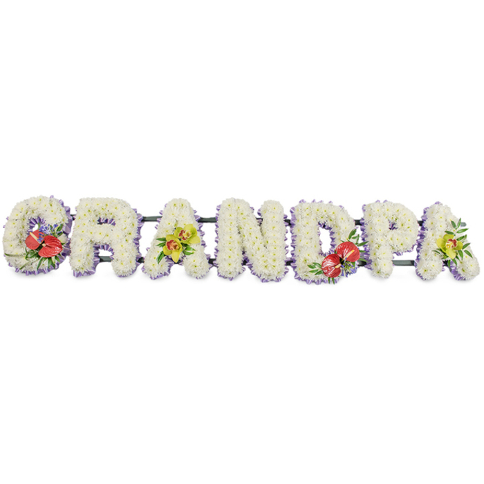 Set against a clean white background, a large, horizontal floral display spells out the word "GRANDPA" in bold block capitals, creating an immediate focal point that speaks of love and remembrance. Each letter is densely packed with small, pristine white chrysanthemum heads, their petals layered so closely that they form a velvety, almost pillow-like surface. The texture feels soft and inviting, yet visually strong, echoing the steady presence a grandfather often provides. Along the base of every letter runs a trim of light lavender ribbon, peeking out just below the flowers. This subtle band of soft purple tones frames the design, introducing a cool, serene hue that gently contrasts with the white and gives each letter a graceful outline. Slender, dark green bars support the letters in one continuous line, mostly hidden but hinting at the framework beneath. Four carefully placed accent sprays brighten the tribute and break its symmetry in a meaningful way. On the 'G' and the central 'D', rich red anthuriums with their shiny, heart-shaped spathes and pronounced yellow spadices rise from clusters of lush greenery, offering a bold symbol of affection and remembrance. On the first 'A' and the final 'A', sprays of yellow-green orchids arch delicately over the chrysanthemums, their refined blooms and subtle speckling adding a touch of elegance and resilience. The composition feels calm, respectful, and thoughtfully balanced, the kind of bespoke "GRANDPA" funeral tribute that might be chosen for a service in Millwall, perhaps in a chapel near the docks or for a funeral cortege passing along Westferry Road, where local families honour the life and stories of a cherished elder.