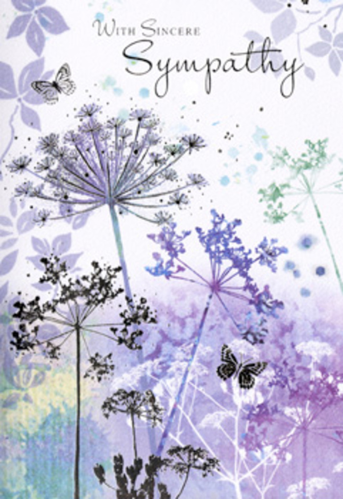The artwork on this sympathy card invites you into a world of quiet reflection, where nature's smallest details speak volumes. Against a softly blurred background of violet, heather, and silvery blue, tall, spindly wildflowers lift their heads like gentle guardians. Each umbelliferous bloom is drawn with filigree precision, its tiny clusters of petals forming delicate, circular crowns at the ends of thread-fine stems. Some flowers lean slightly, others stand upright, echoing how real meadow stems might sway in a light breeze along the paths not far from Millwall's riverside. The painterly backdrop has the diffused quality of an early, dewy morning over the Thames, where colours bleed seamlessly into one another and no single hue dominates. Two butterflies hover gracefully above the petals, rendered in pale, translucent tones that give them an almost ethereal presence. They seem to drift in slow motion, suggesting the idea of the soul's gentle journey and the continuity of love beyond parting. Nothing about this composition is loud or insistent; instead, there is a calm, contemplative energy that mirrors the peaceful corners of Millwall Park or the quiet stretches near the docks at daybreak. The scene feels as though it has been created by a careful hand that understands both floral design and the emotional weight of a final farewell. As someone used to arranging sympathy flowers for local families, I see in this card an invitation to pause, breathe, and remember-an artful, respectful way to send condolences anchored in nature's enduring grace.