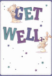 Bright and welcoming, this get well card echoes the charm found along Millwall's leafy streets, inviting any recipient to smile. Two engaging characters-a fluffy teddy bear, its fur illustrated with textured brushstrokes, and a bounce-filled puppy with floppy velvet ears-joyfully perch atop and beside the bold, colourful letters spelling 'Get Well.' The text glimmers in confidently layered indigo and teal, rising from a soft, creamy white background to create a sense of hope and renewal. Scattered throughout, tiny stars in blue, lavender, and deep purple add a sprinkle of magic, much like the twinkle of fairy lights in a Millwall shop window at dusk. The tactile allure of the bear and pup nearly invites a comforting hug, while their poses and gentle expressions communicate a reassuring presence, as if delivering a message alongside a bouquet of fresh blooms from the neighbourhood florist. Perfect for lifting a loved one's spirits-whether they're recuperating at home near Millwall Dock or tucked away in a nearby care centre-this card brings not just a written sentiment, but a visual embrace infused with brightness, comfort, and genuine local warmth.